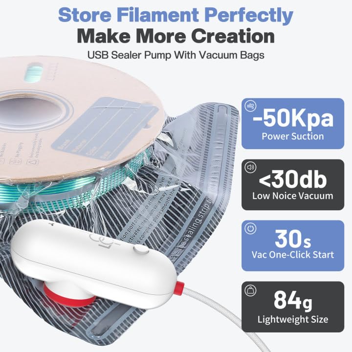 Professional Filament Vacuum Storage Kit with USB Pump - 20 Light-Proof Vacuum Sealed Bags for 3D Filament Spool Protection (12.6 x 13.38 Inches)
