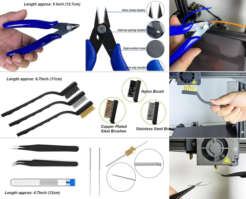 3D Printing Tool Kit with Wooden Toolbox - 124-Piece Accessory Set Including Deburring Tool, Sanding Pens, and Tube Cutter for Model Removal, Cleaning, and Finishing