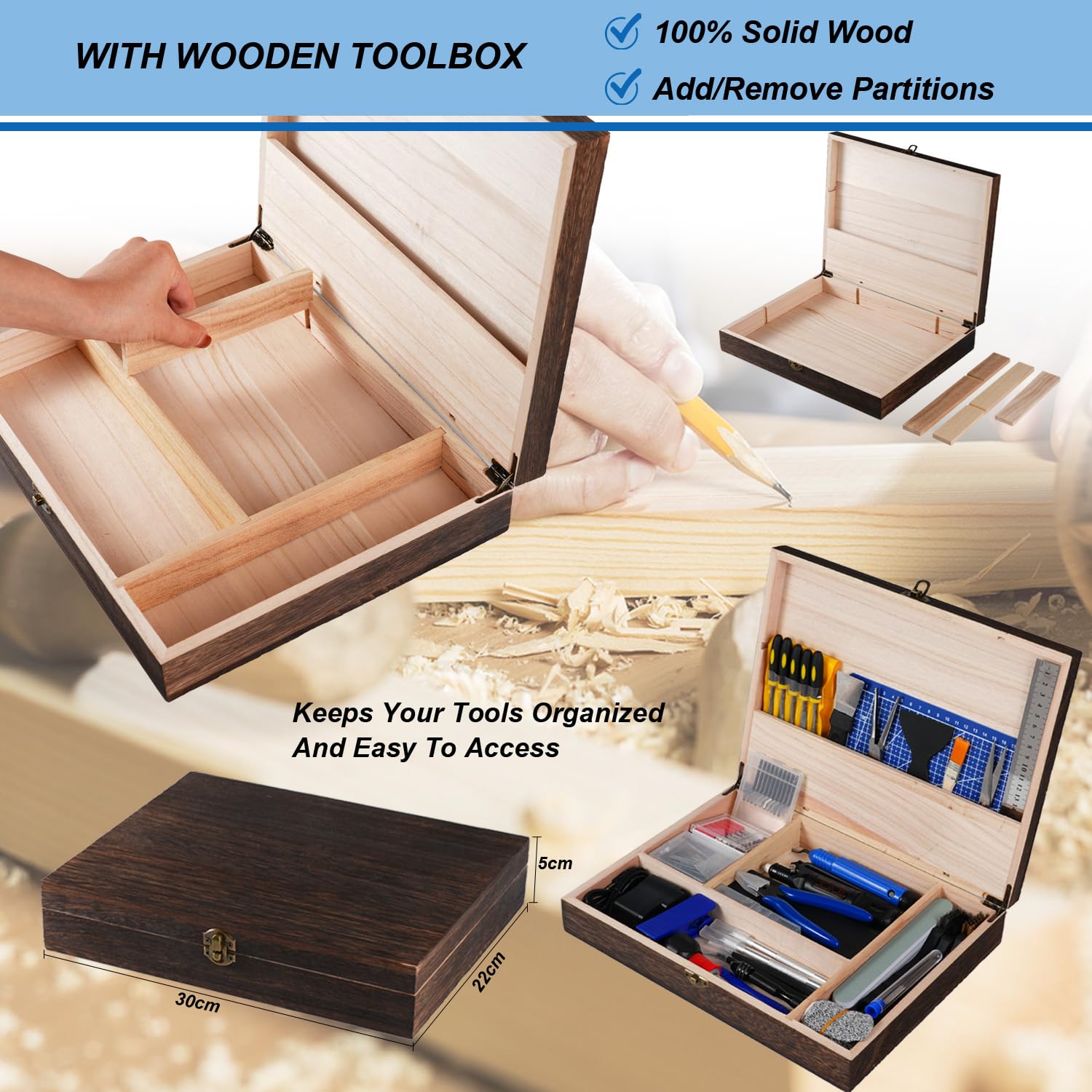 3D Printing Tool Kit with Wooden Toolbox - 124-Piece Accessory Set Including Deburring Tool, Sanding Pens, and Tube Cutter for Model Removal, Cleaning, and Finishing