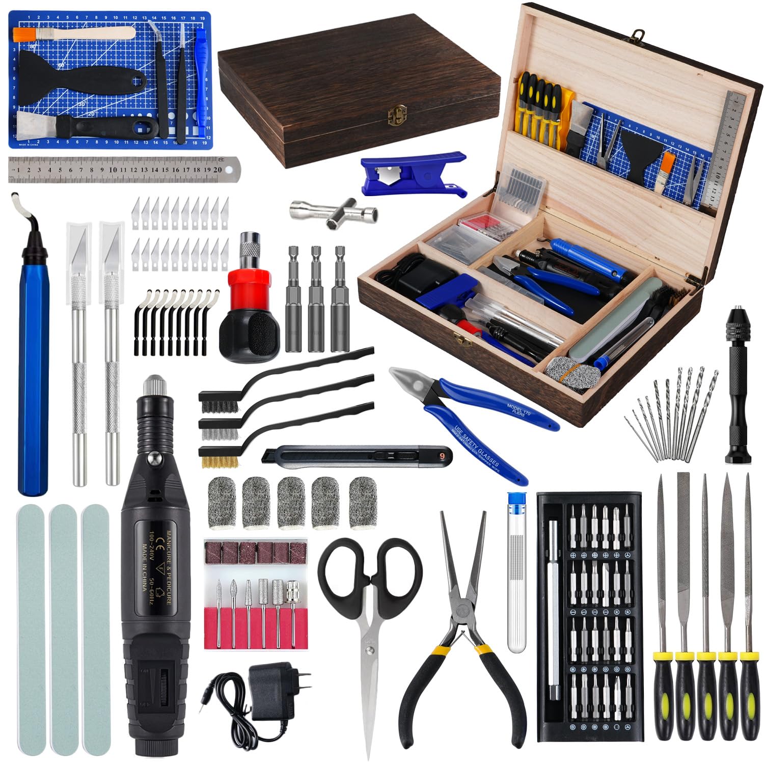 3D Printing Tool Kit with Wooden Toolbox - 124-Piece Accessory Set Including Deburring Tool, Sanding Pens, and Tube Cutter for Model Removal, Cleaning, and Finishing