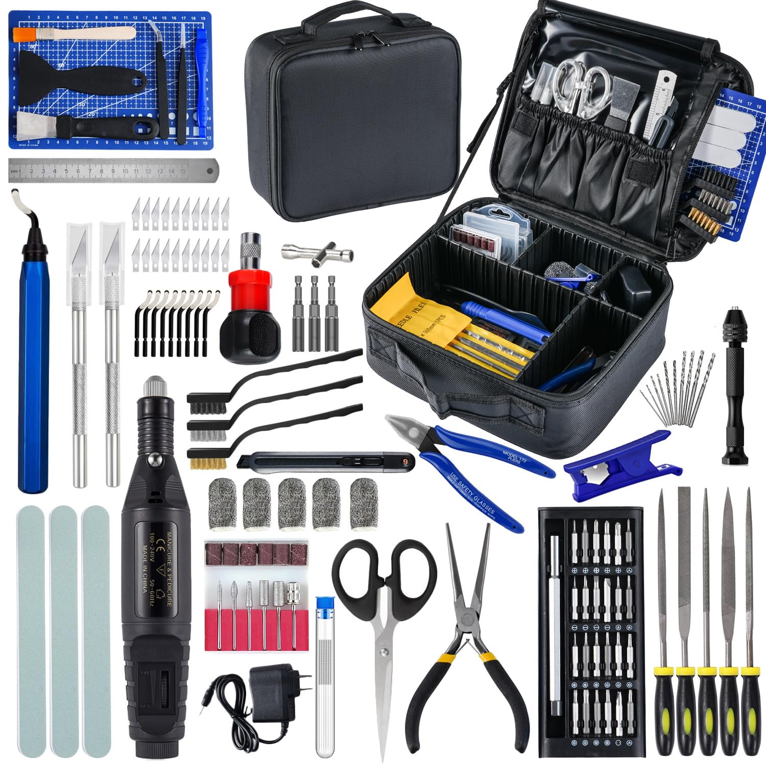 3D Printing Tool Kit with Wooden Toolbox - 124-Piece Accessory Set Including Deburring Tool, Sanding Pens, and Tube Cutter for Model Removal, Cleaning, and Finishing