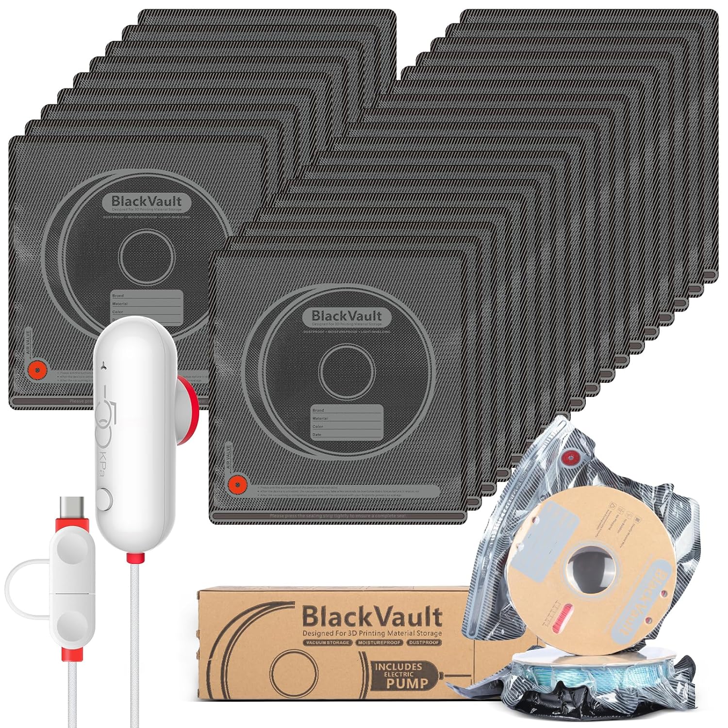 Professional Filament Vacuum Storage Kit with USB Pump - 20 Light-Proof Vacuum Sealed Bags for 3D Filament Spool Protection (12.6 x 13.38 Inches)
